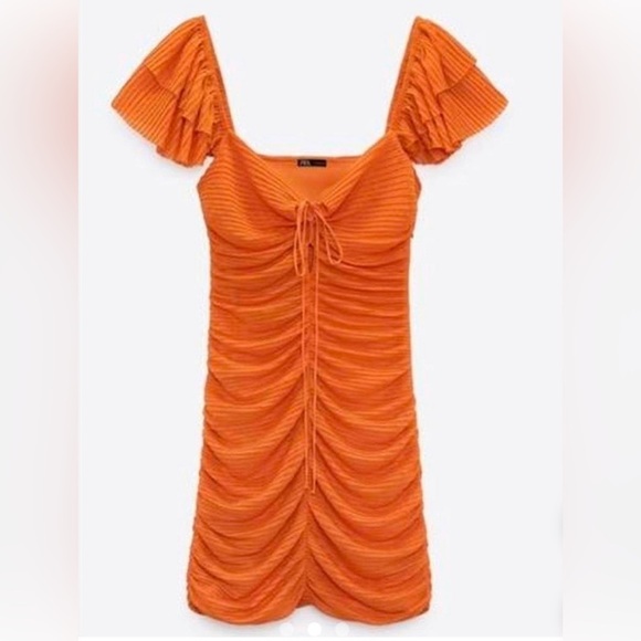 Zara Pleated Ruffle Mini Short Ruched Dress w/Ruffled Sleeves, Orange, Size S - Picture 4 of 11